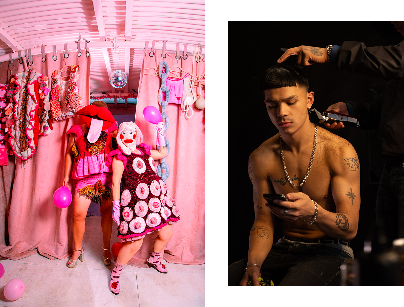 Two photos: The first photo shows two people in a pink room. One person is wearing a fabric mask; it is a mouth with red lips and a tongue sticking out. The other person is wearing a pink mask with red cheeks, red lips, and long rose-shaped ears. She is also wearing a dress covered in nipples. Behind them hang more fabric costumes: ones shaped like breasts and a vulva.  The second photo a portrait of BigBobbyBitch. He is shirtless, looking at his phone while his hair is being shaved. Only the arms of the person shaving his head are visible in the frame.